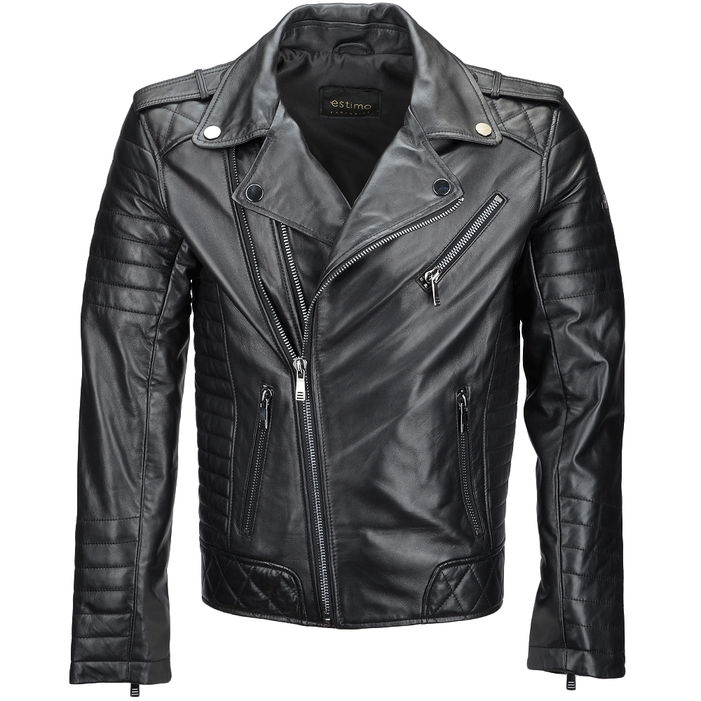 Side Zip Ribbed Leather Biker Jacket Black/ napp: E1730