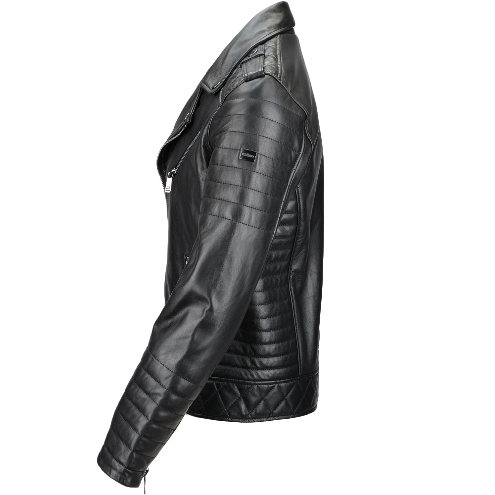 Side Zip Ribbed Leather Biker Jacket Black/ napp: E1730