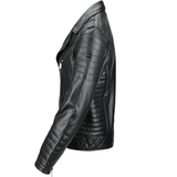 Side Zip Ribbed Leather Biker Jacket Black/ napp: E1730