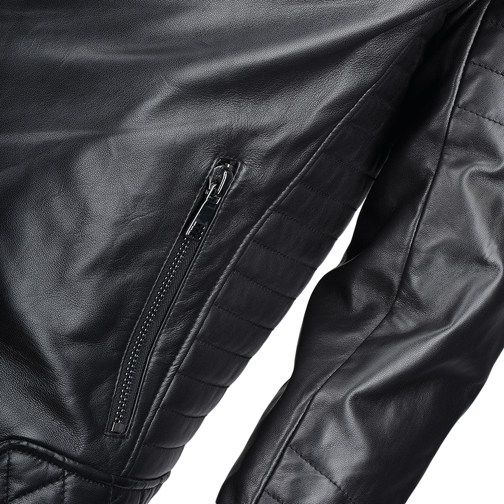 Side Zip Ribbed Leather Biker Jacket Black/ napp: E1730