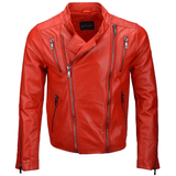 Vegetable Tanned Leather  Side Zip Biker Jacket Red: EM 103