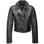 Ladies Short  Vegetable Tanned Leather Biker Jacket Black: EL-102