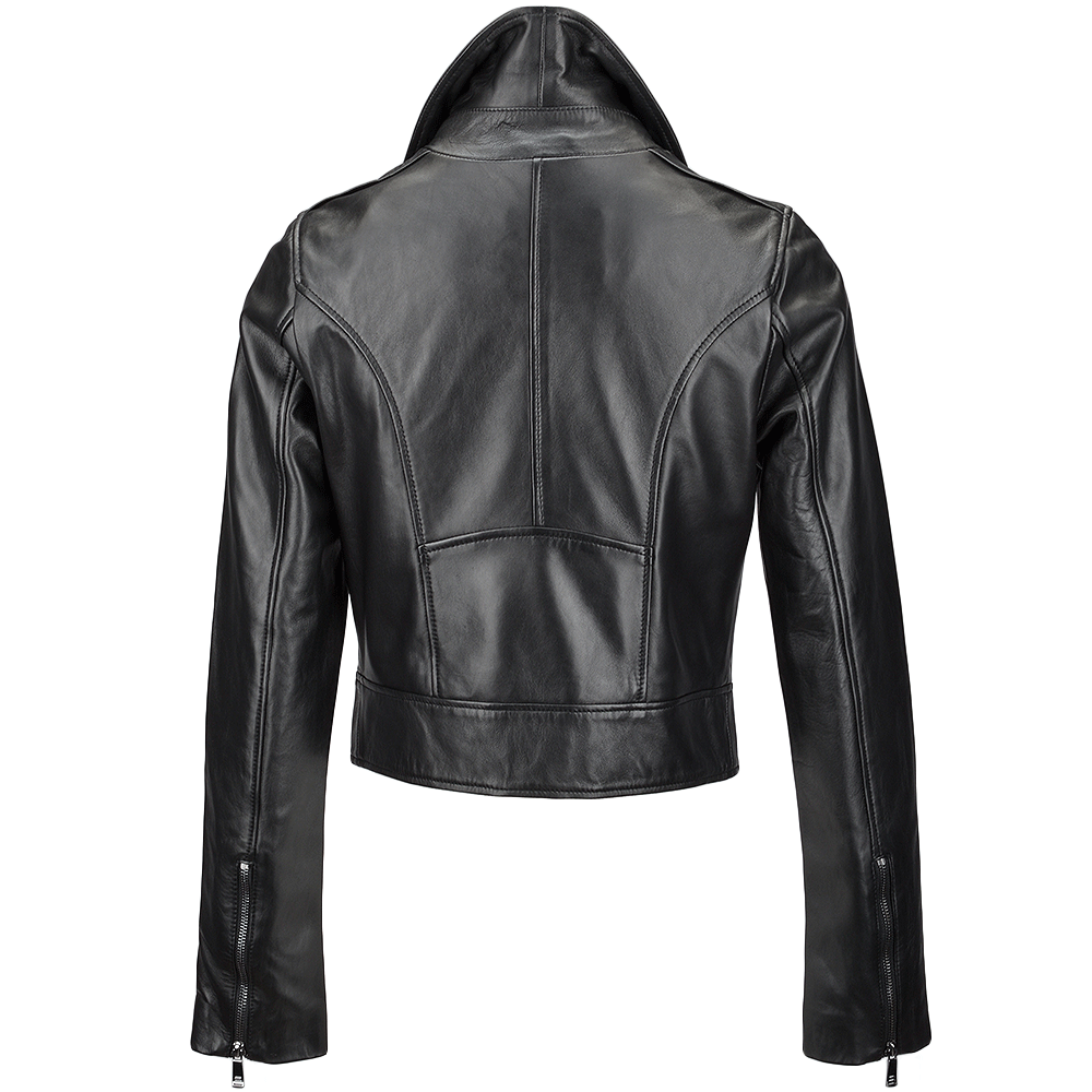 Ladies Short  Vegetable Tanned Leather Biker Jacket Black: EL-102