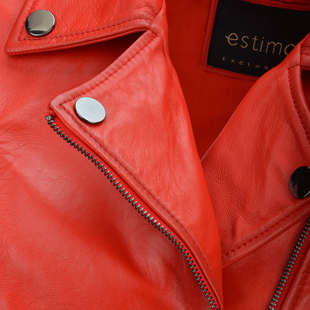 Short Vegetable Tanned Leather Biker Jacket Red: EL-102