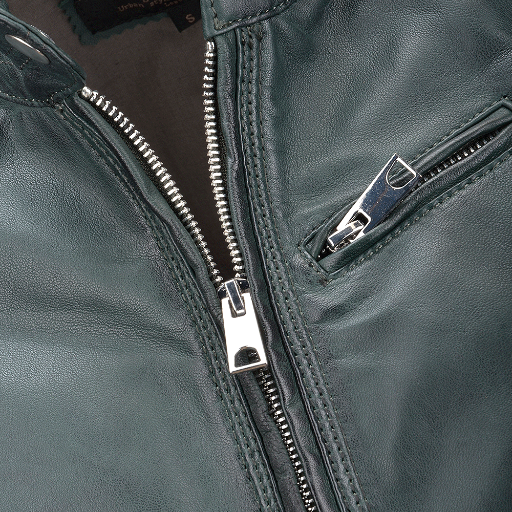 Leather Biker Jacket  Bottle Green: NANCY