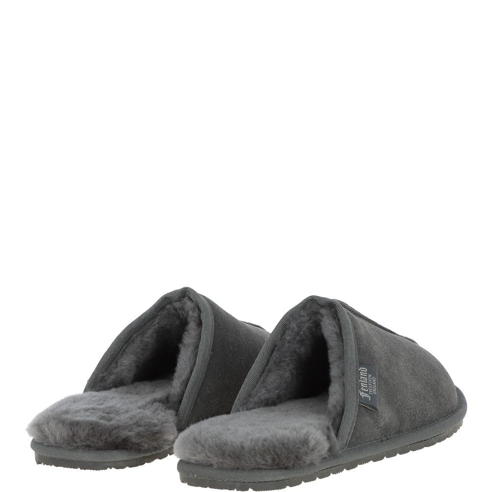 Fenland Classic Mens Suede Sheepskin Slippers Grey
