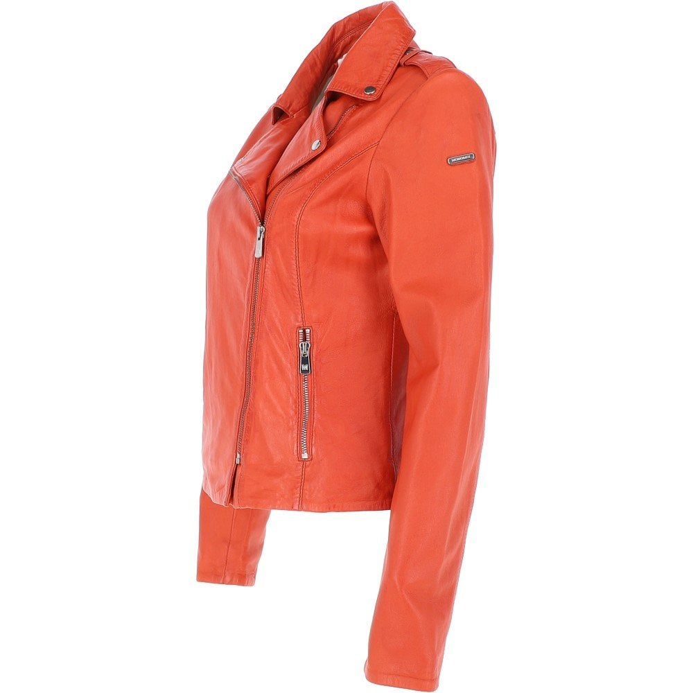 Monomoi Ladies Leather Side Zip Biker Jacket Orange: Wendy