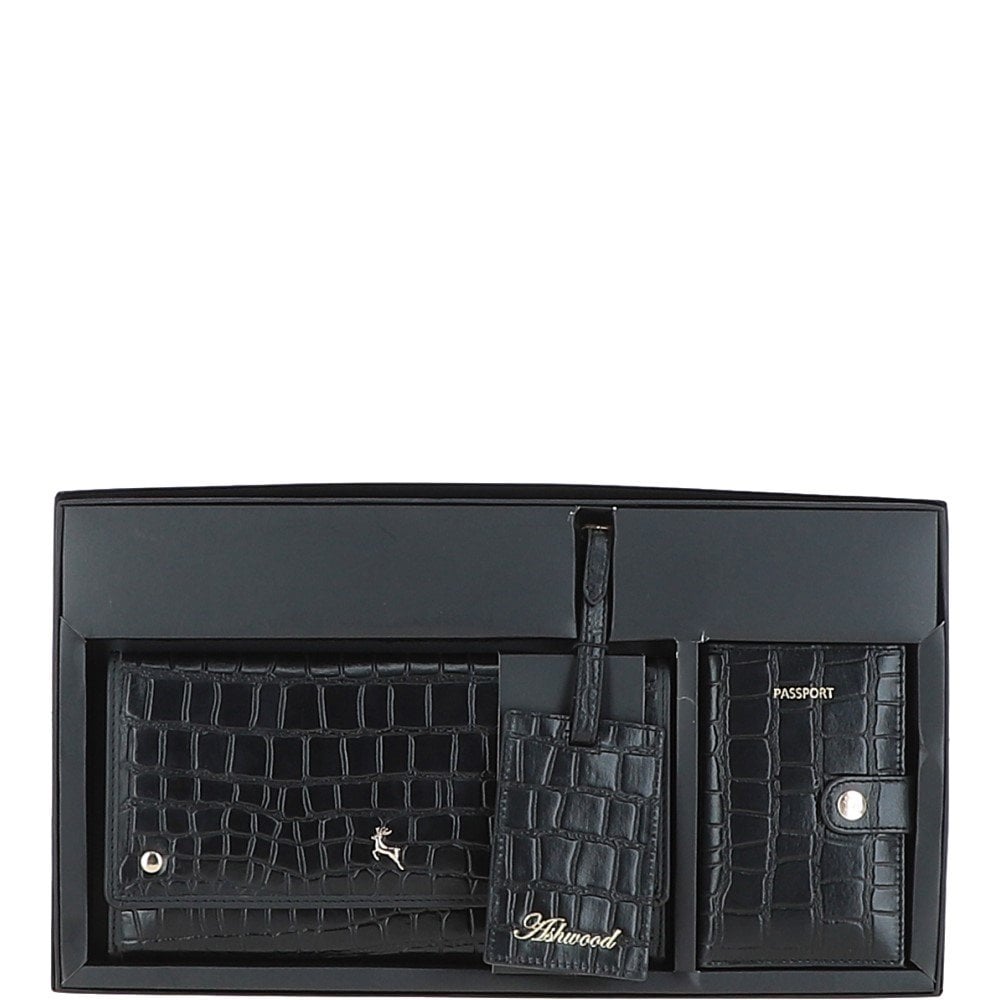 Ashwood Woman's Gift TRAVEL SET Black/Croc