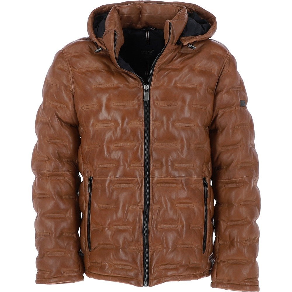 Leather Detachable Hood Puffer Jacket Cognac Nello