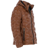 Leather Detachable Hood Puffer Jacket Cognac: Nello