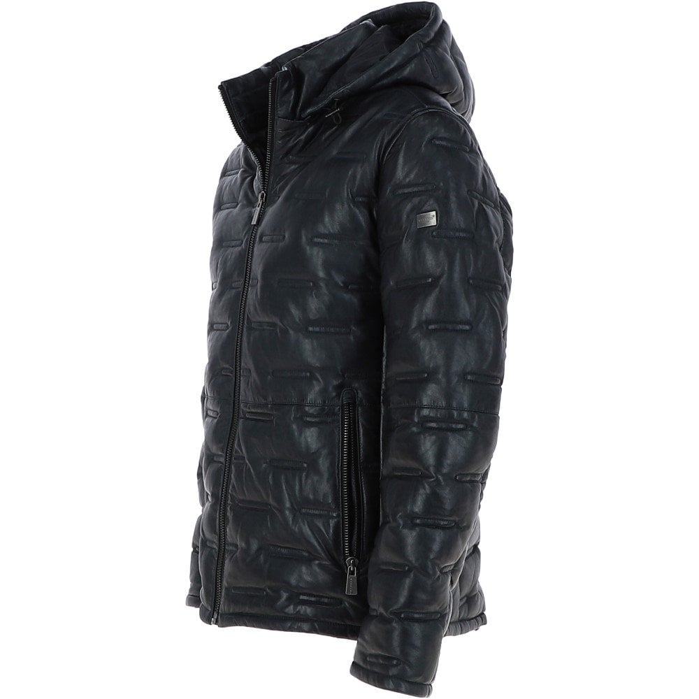 Leather Detachable Hood Puffer Jacket Navy: Nello