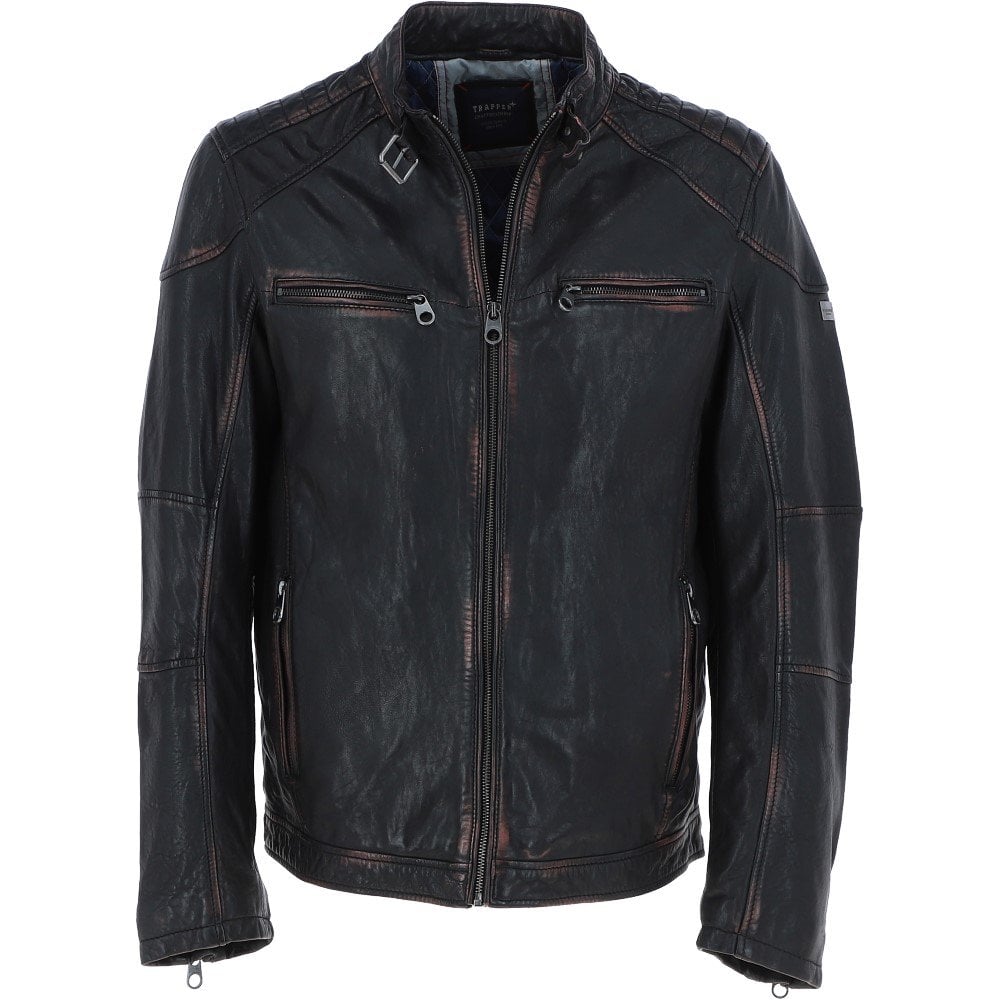 Vintage Wash Leather Biker Jacket Black Lent 2