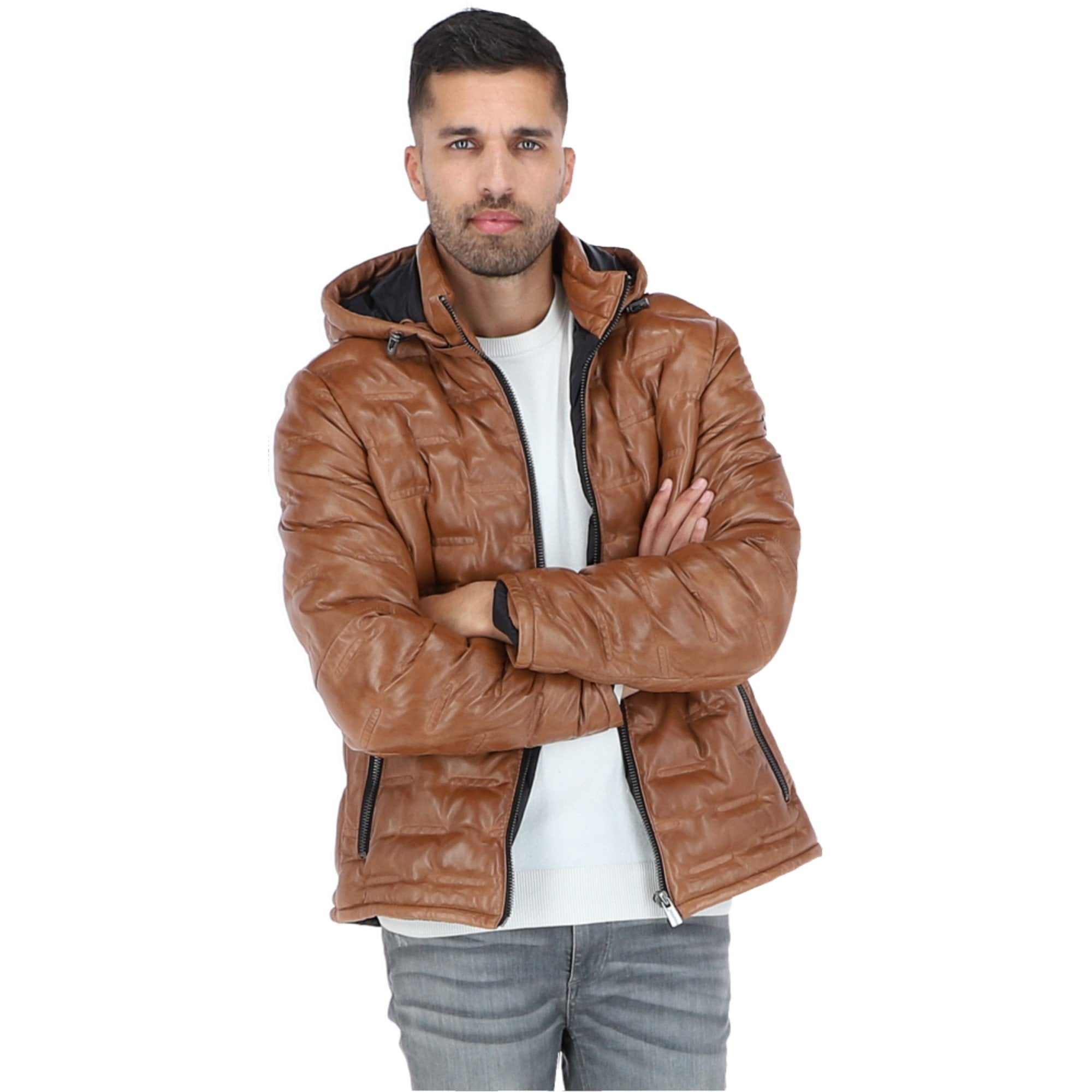 Leather Detachable Hood Puffer Jacket Cognac: Nello