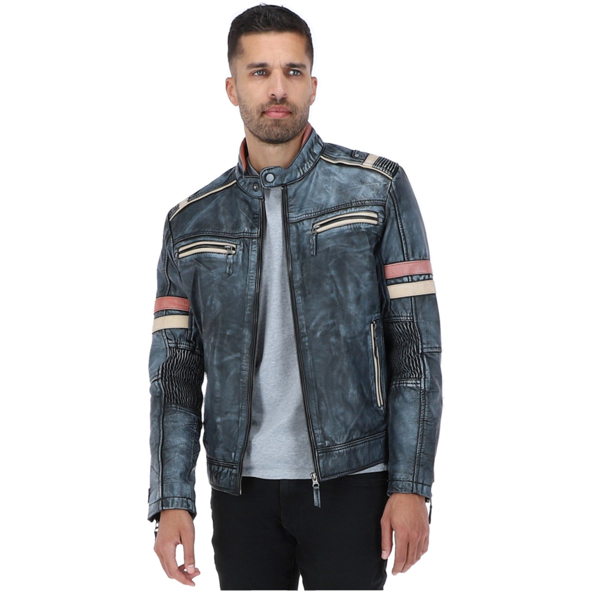 Vintage Leather Biker Jacket Blue/ Black: 2599