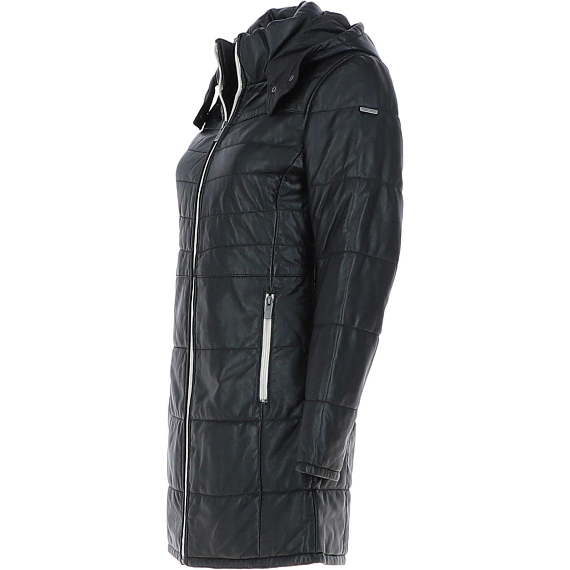 Women's Detachable Hood 3/4 Leather Jacket Black: Sofia