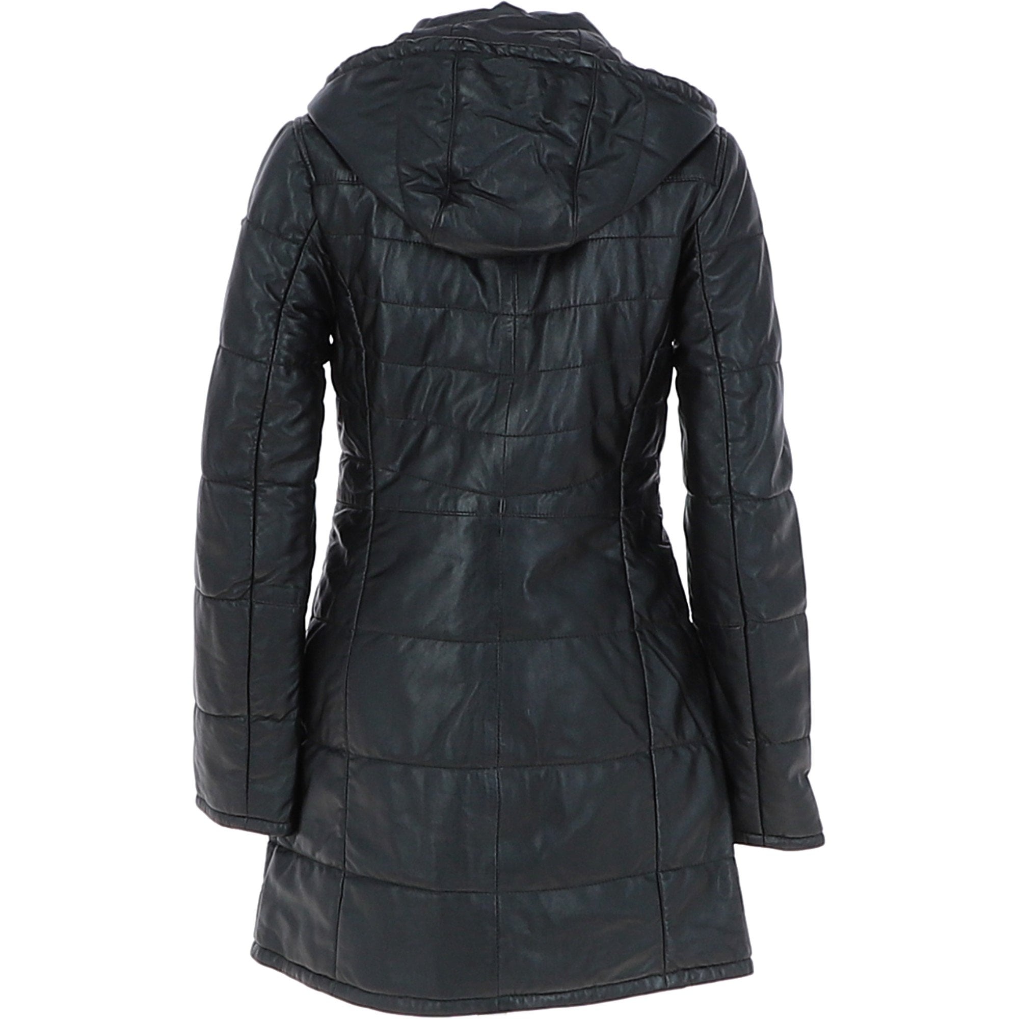 Women's Detachable Hood 3/4 Leather Jacket Black: Sofia