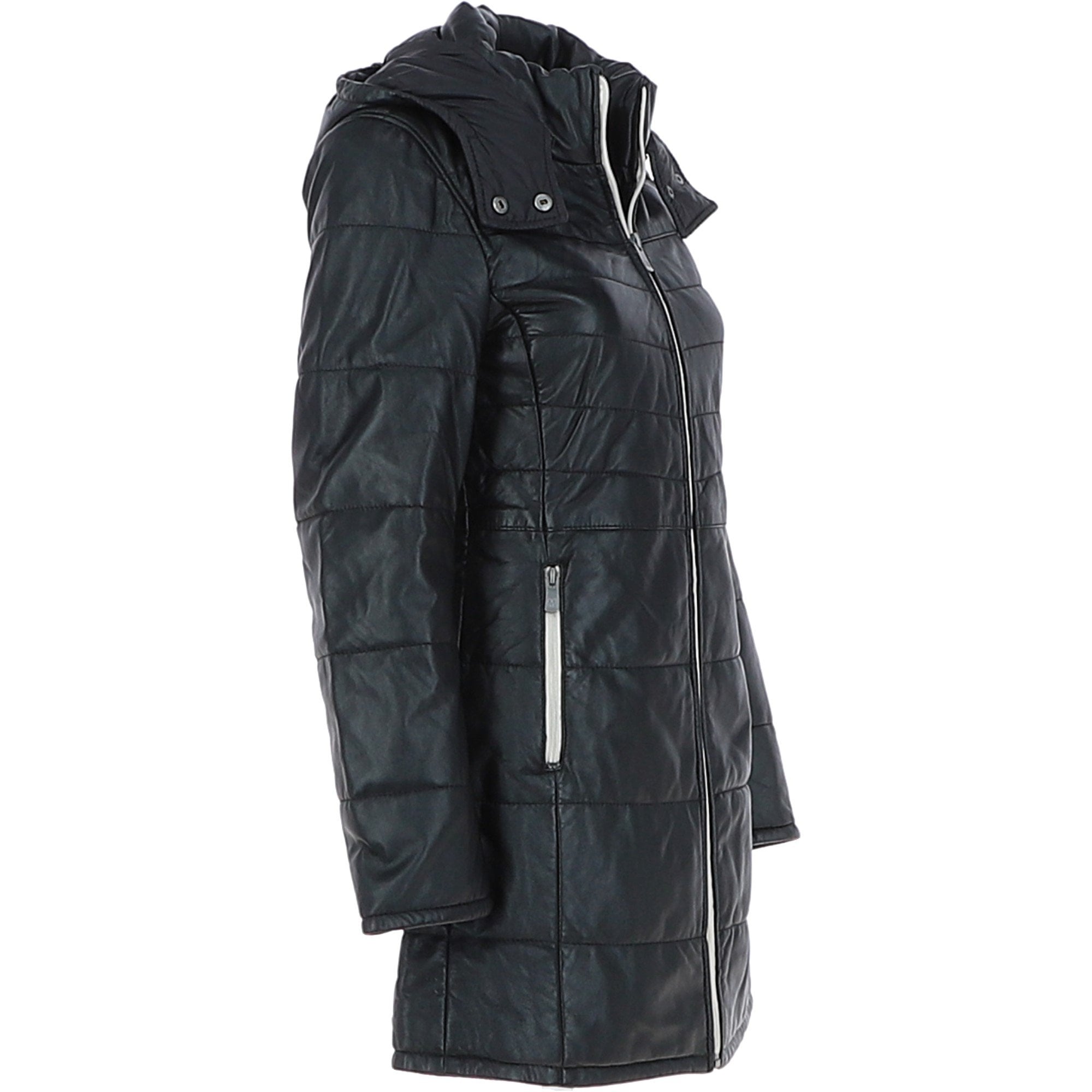 Women's Detachable Hood 3/4 Leather Jacket Black: Sofia