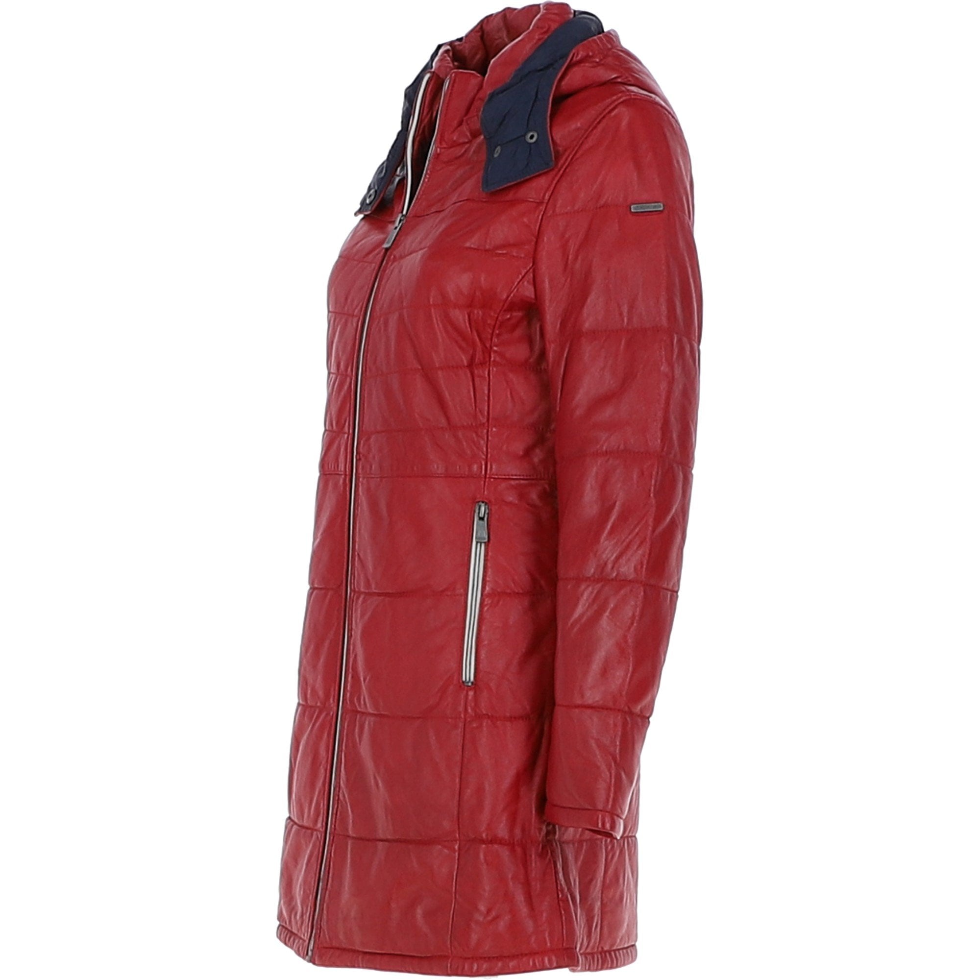 Women's Detachable Hood 3/4 Leather Jacket Red: Sofia