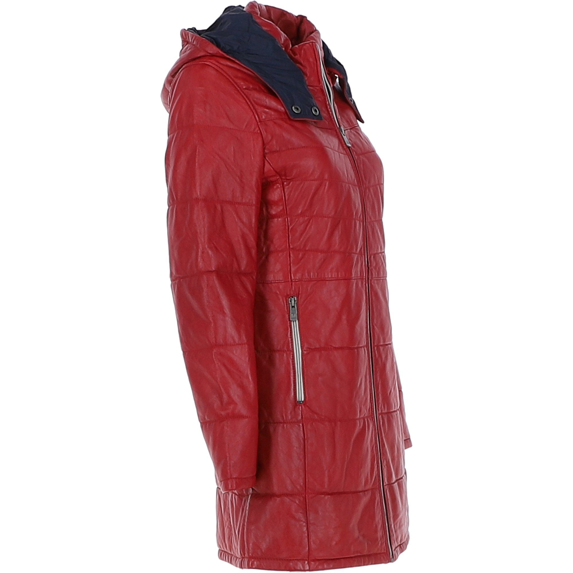 Women's Detachable Hood 3/4 Leather Jacket Red: Sofia