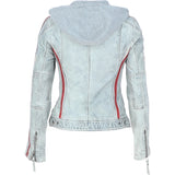 Women's Detachable Hood Leather Biker Jacket Stone Wash: Diana