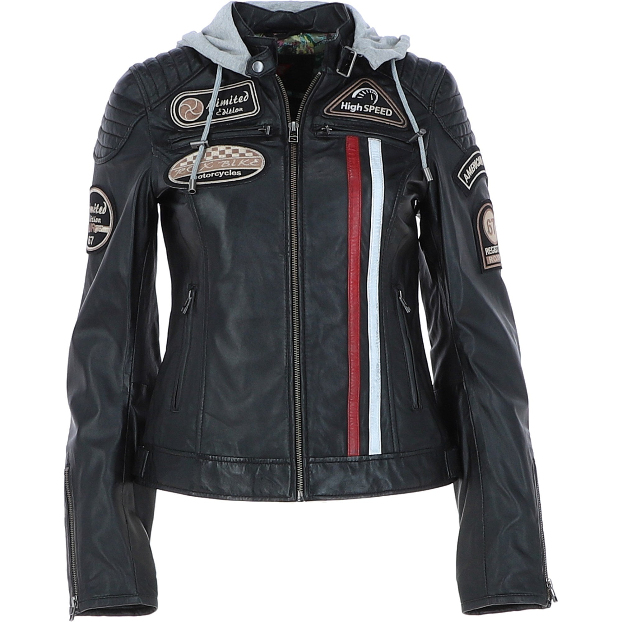 Women's Detachable Hood Leather Biker Jacket Black: Sofi