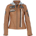 Women's Detachable Hood Leather Biker Jacket Cognac: Sofi