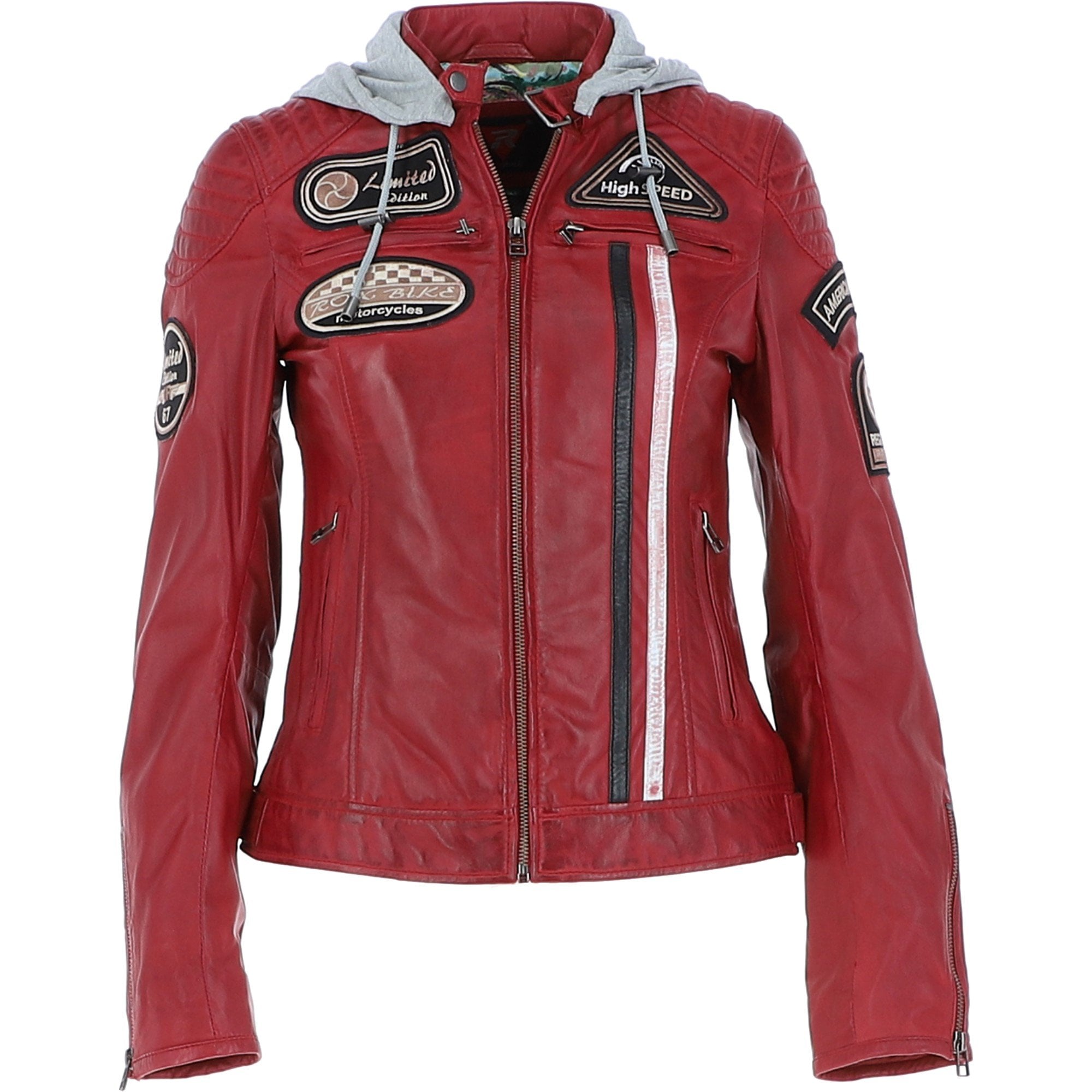 Women's Detachable Hood Leather Biker Jacket Red: Sofi