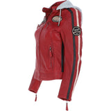 Women's Detachable Hood Leather Biker Jacket Red: Nirma