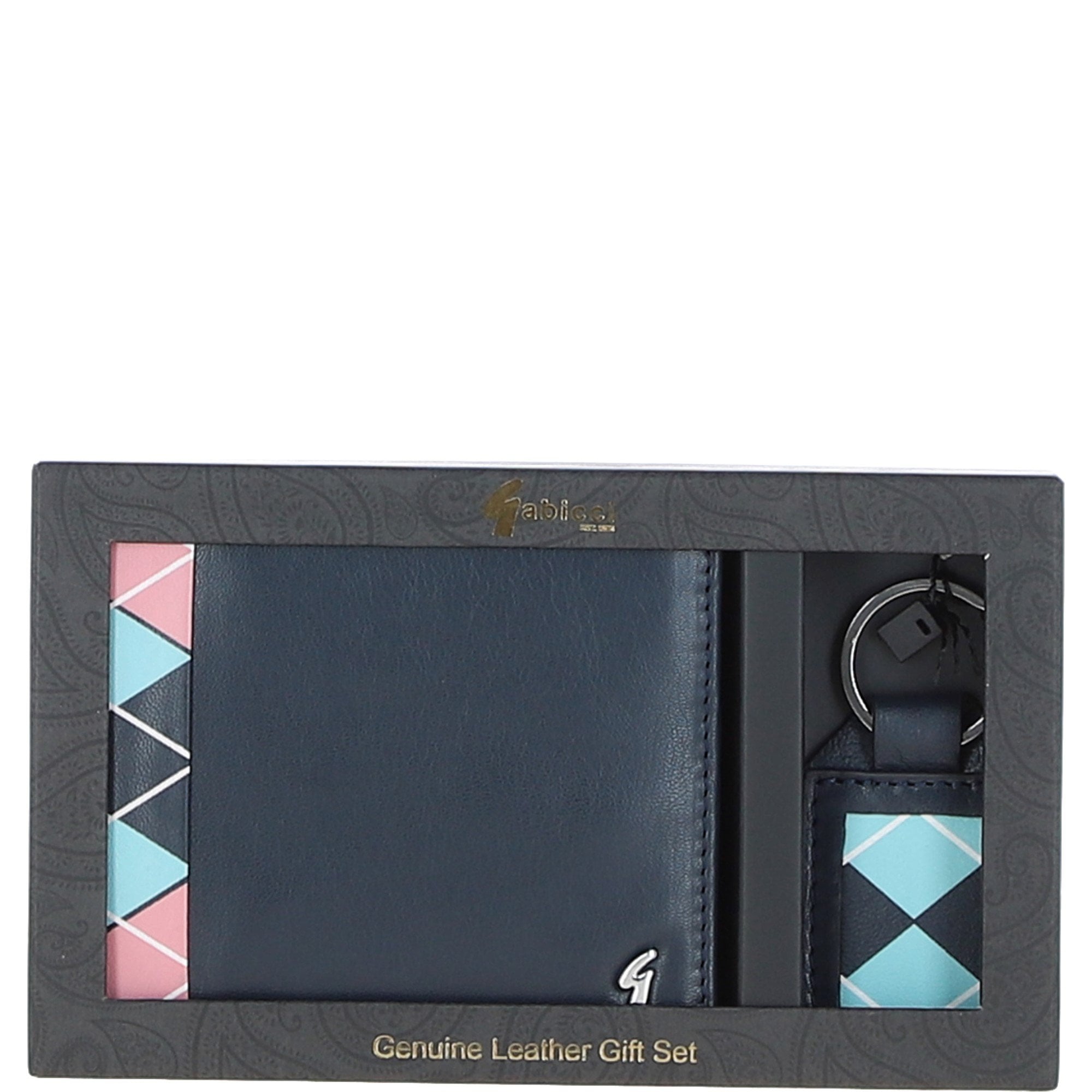 Men's Leather Wallet & Key Ring Gift Set Navy/pink/blue: GB-301-GS