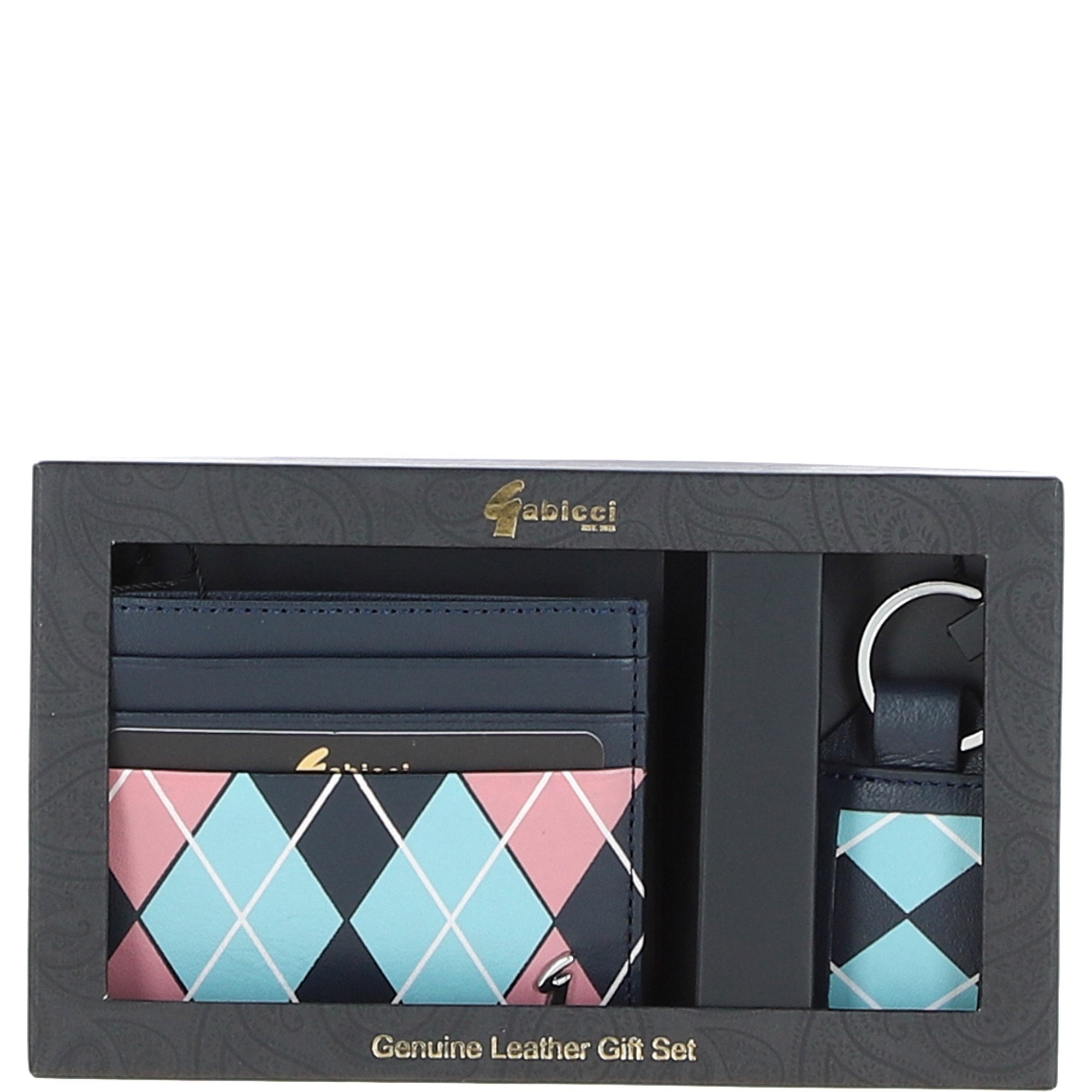 Leather Card Holder & Key Ring Gift Set Navy/pink/blue: GB-302-GS