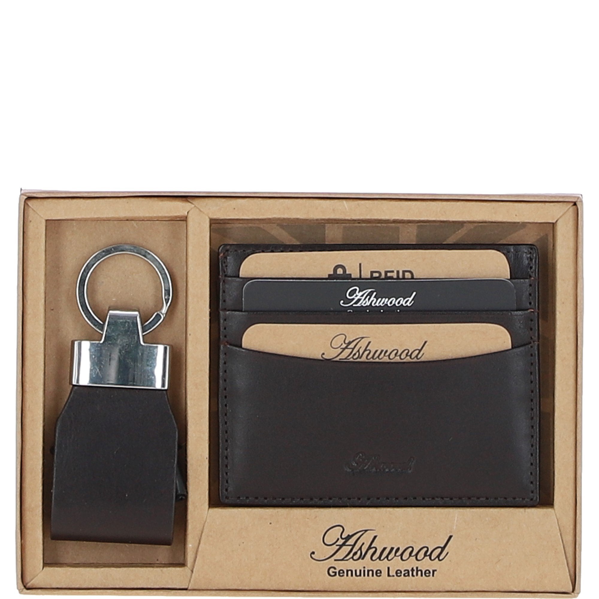 Men's Leather Card Holder & Key Ring Gift Set Brown: GS-1234