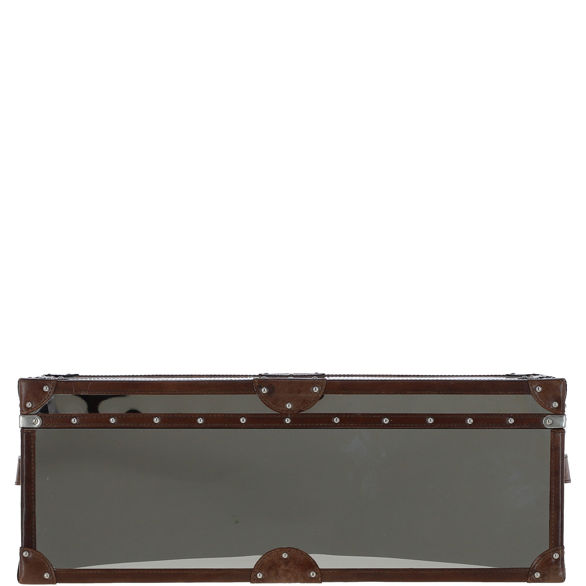 Wood and Aluminium Mirror Trunk with Brown Leather Trim and Stud Detailing: AGC 908