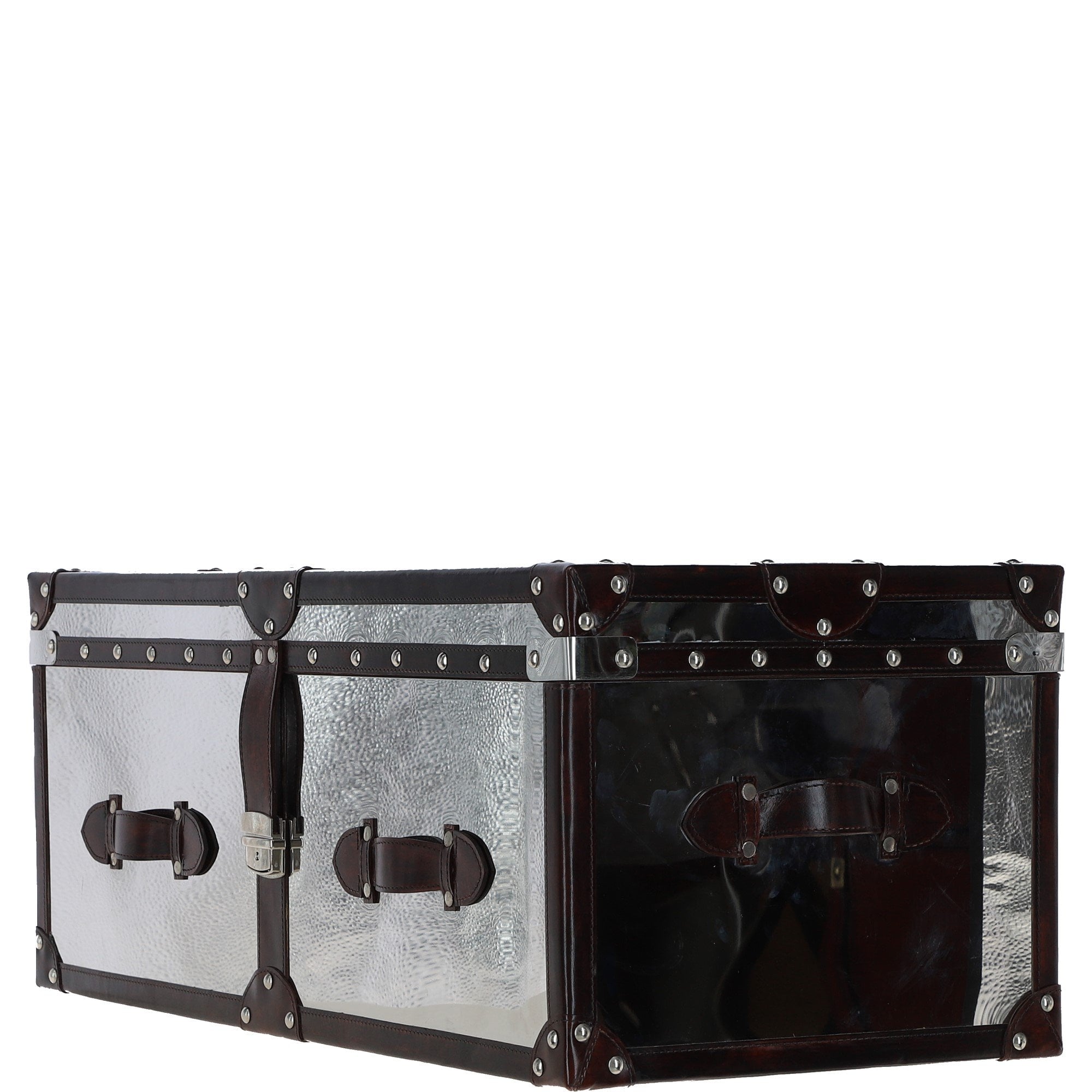 Wood and Aluminium Mirror Trunk with Brown Leather Trim and Stud Detailing: AGC 902