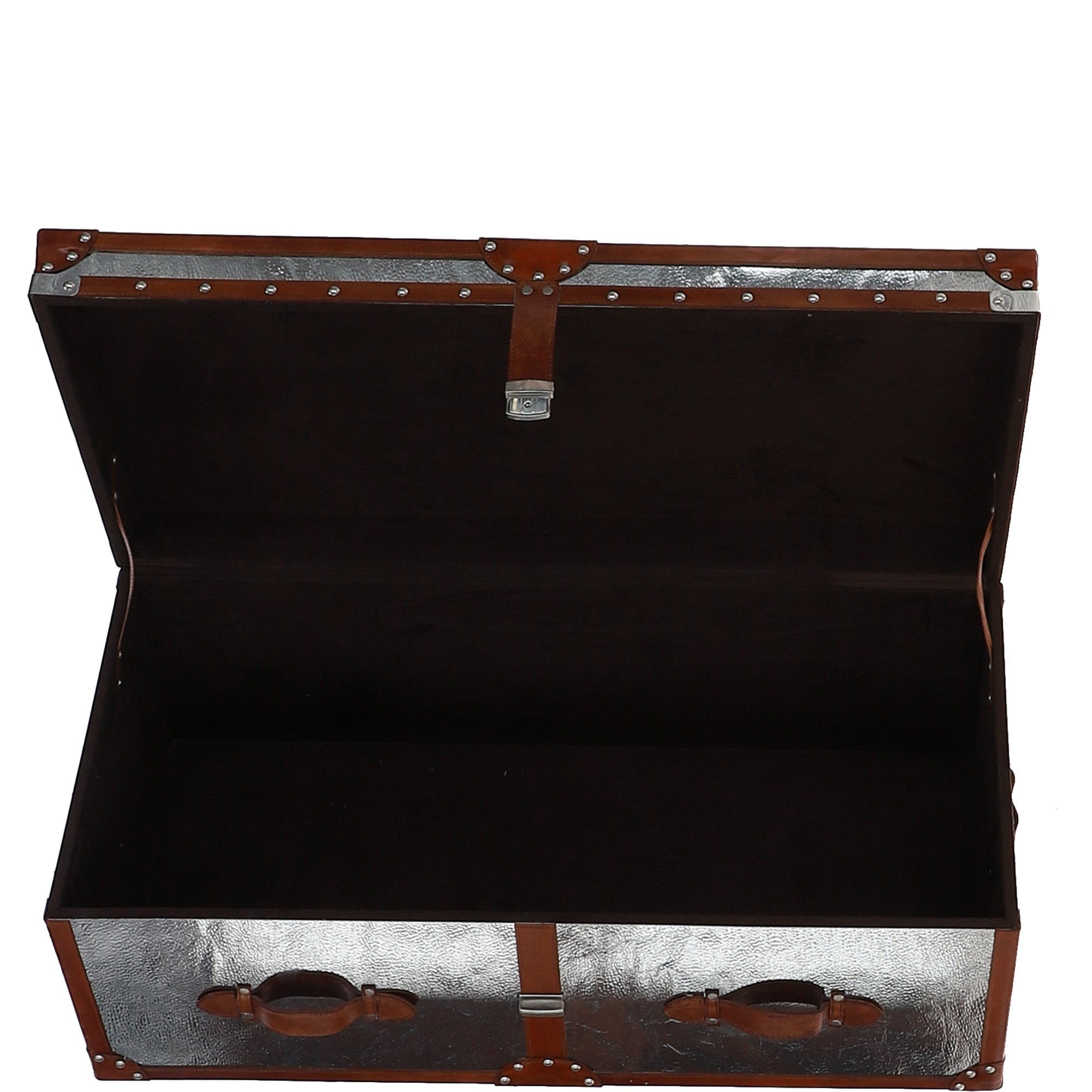 Wood and Aluminium Mirror Trunk with Brown Leather Trim and Stud Detailing: AGC 890