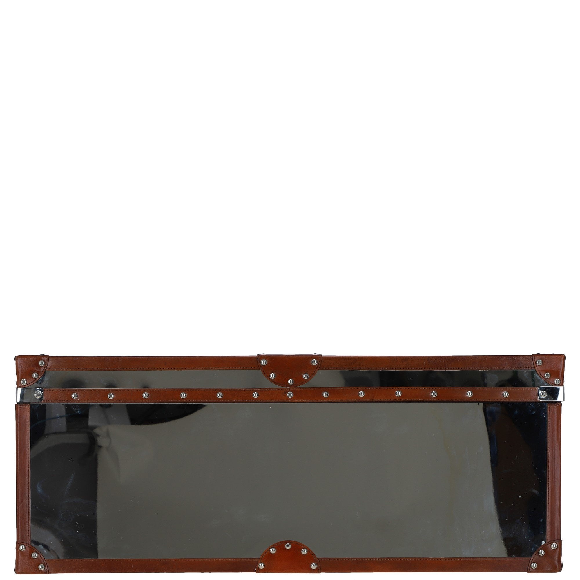 Wood and Aluminium Mirror Trunk with Brown Leather Trim and Stud Detailing: AGC 890