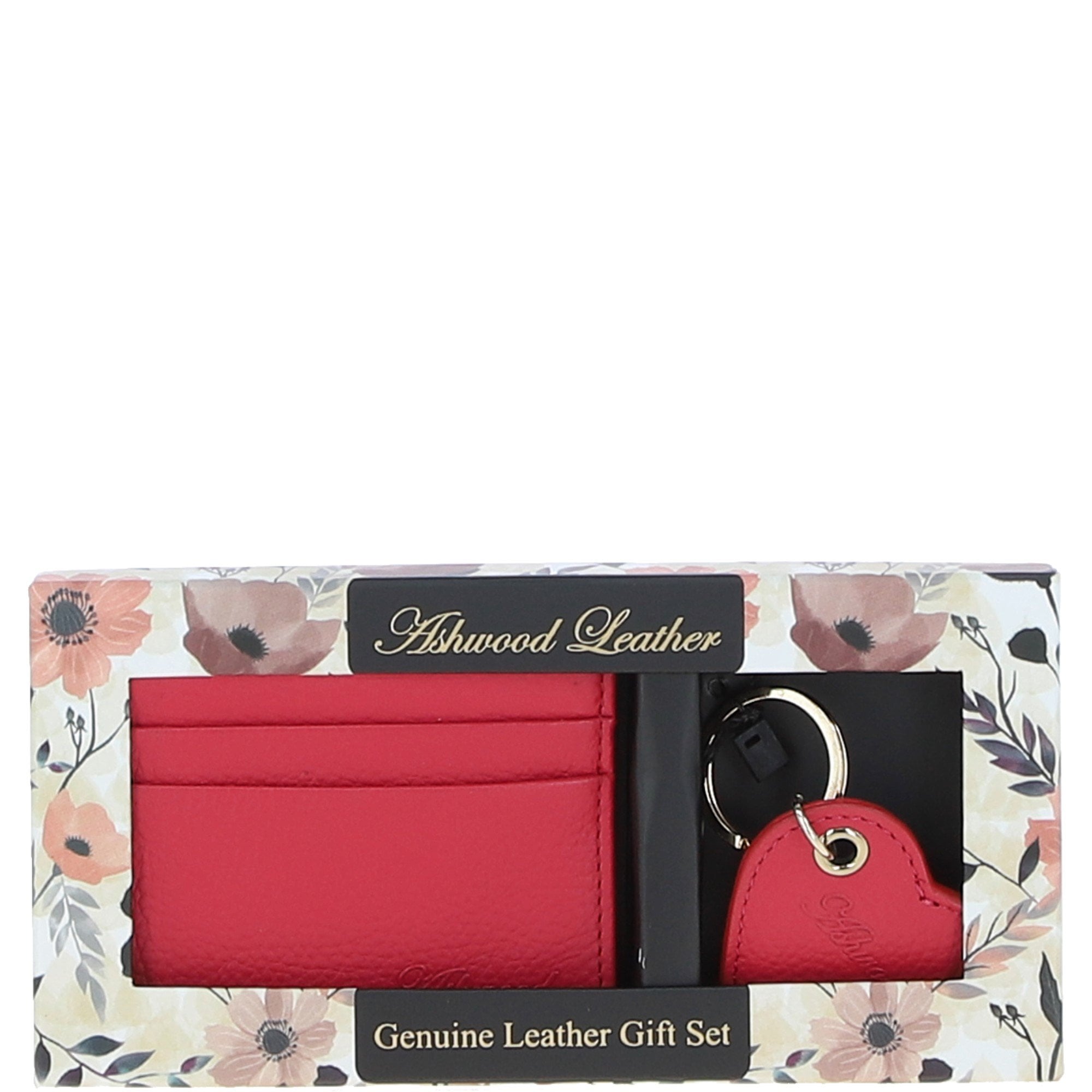 Leather Card Holder & Key Ring Gift Set Raspberry :slg-31342