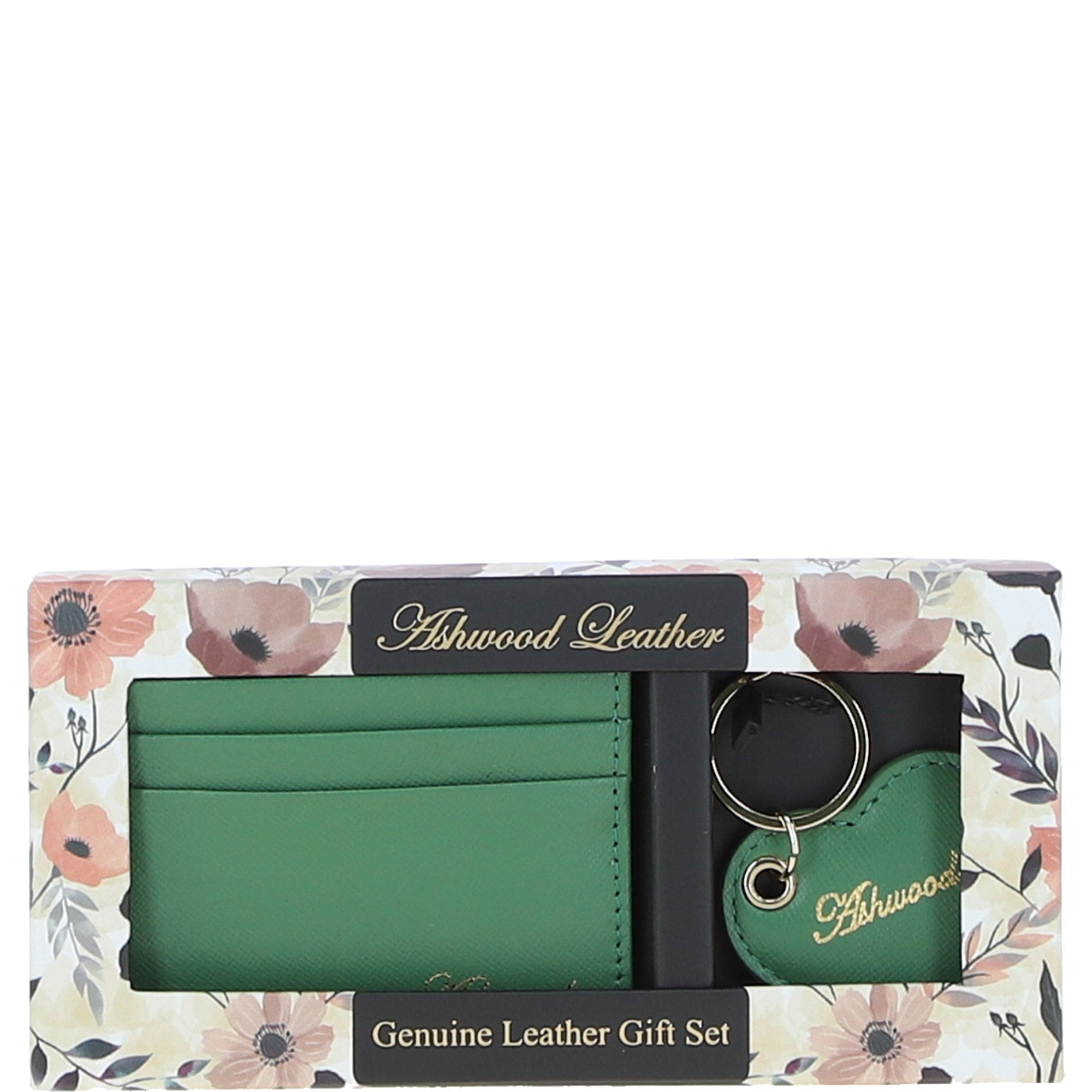 Leather Card Holder & Key Ring Gift Set Green :slg-31342