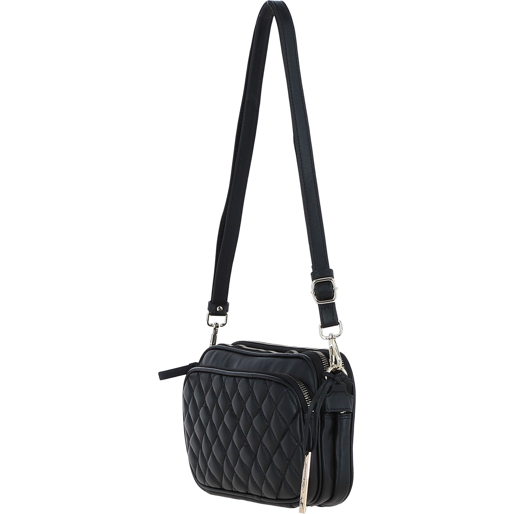 Leather Twin Zip Quilted Crossbody Bag Black: 63624