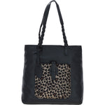 Black Leather Shoulder Bag with Leopard Print Pocket: ELA 1128