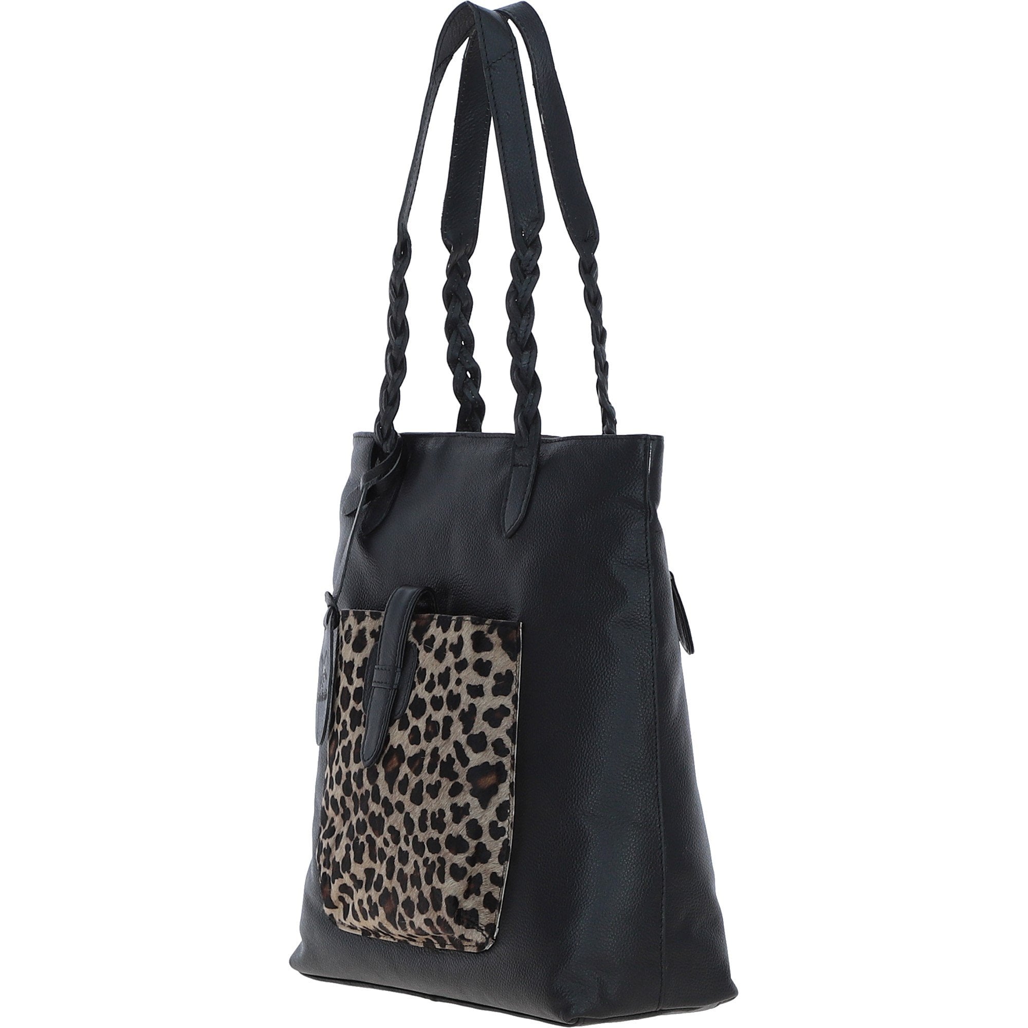 Black Leather Shoulder Bag with Leopard Print Pocket: ELA 1128