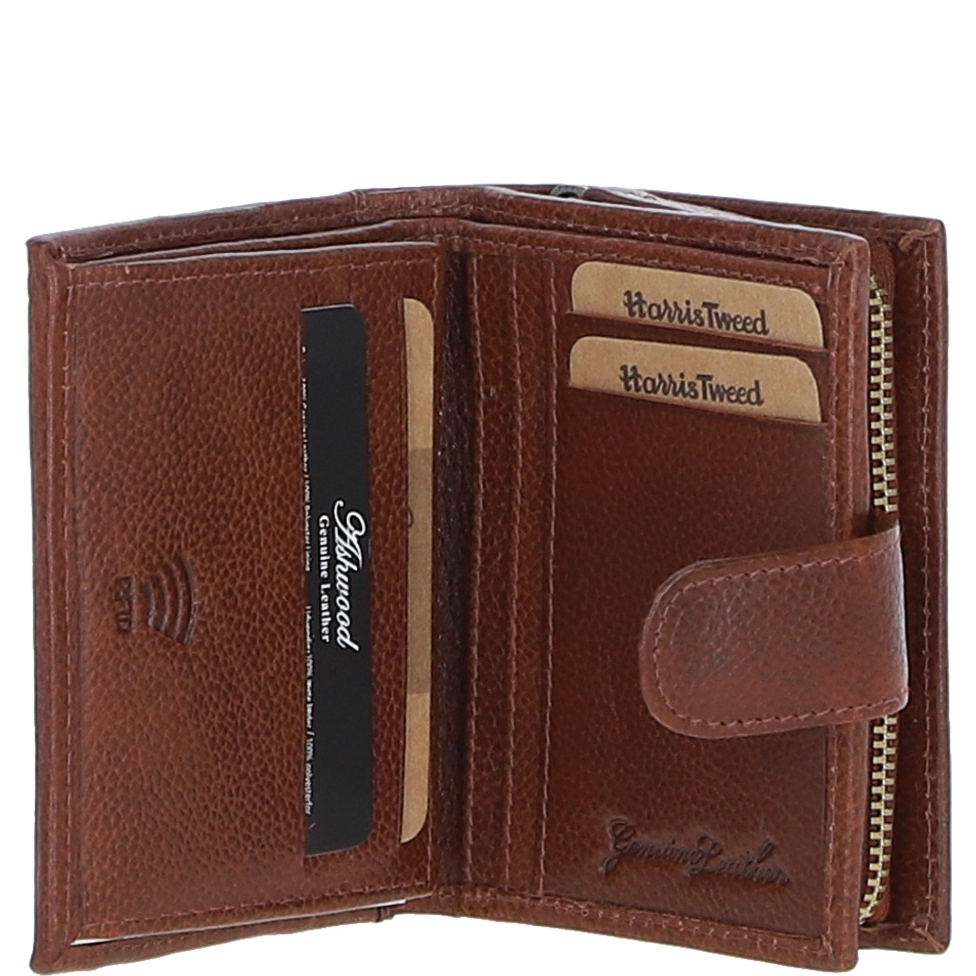 Ashwood Leather & Harris Tweed® Cloth Three compartment wallet Tan/Watch: TW-12-04-TW
