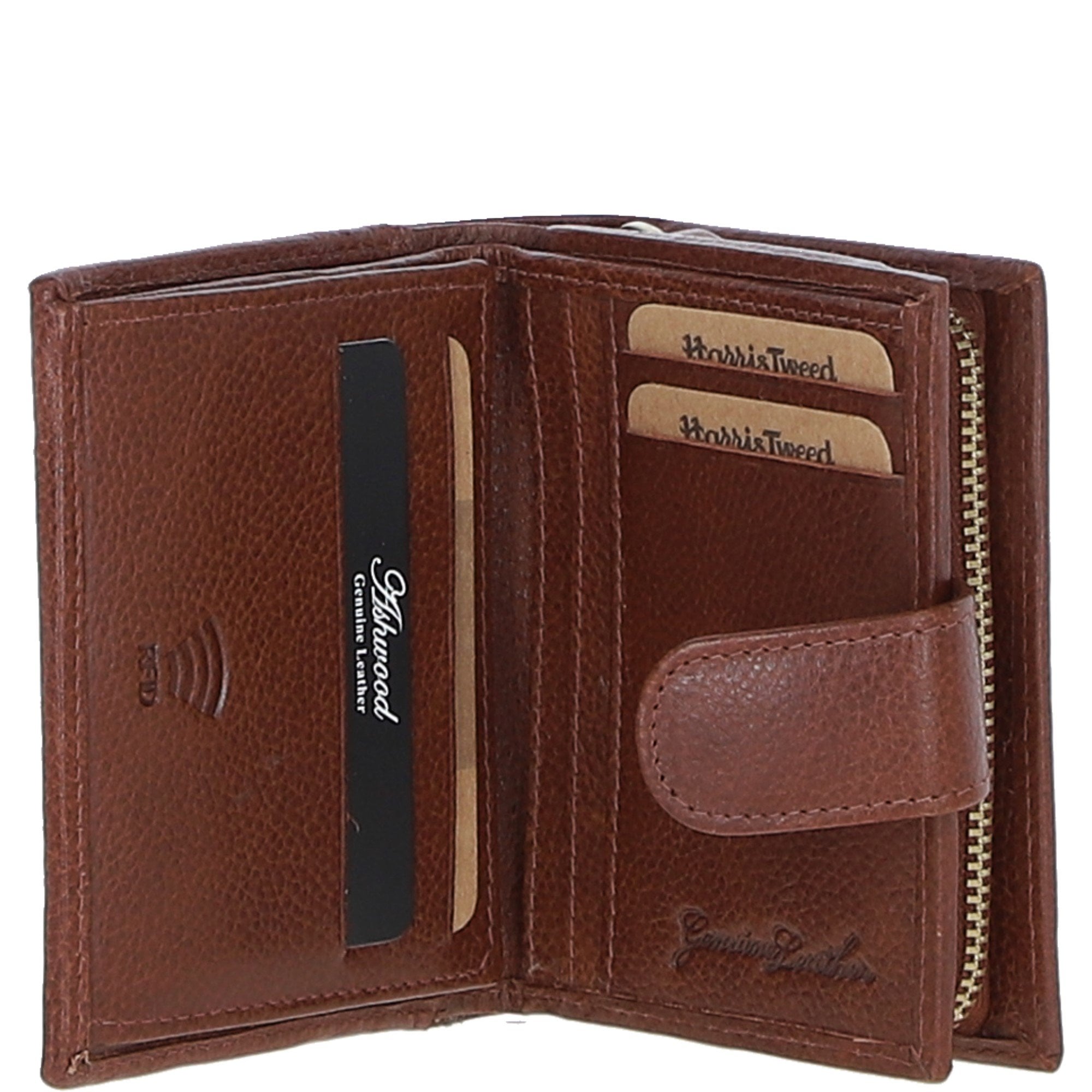 Ashwood Leather & Harris Tweed® Cloth Three compartment wallet Tan/LT Blue: TW-12-05-TB