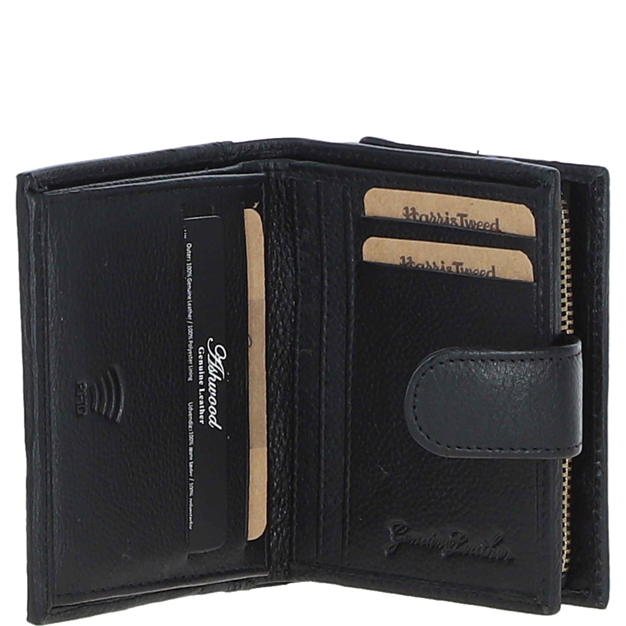 Ashwood Leather & Harris Tweed® Cloth Three compartment wallet Black/Green/Red: TW-12-07-BR