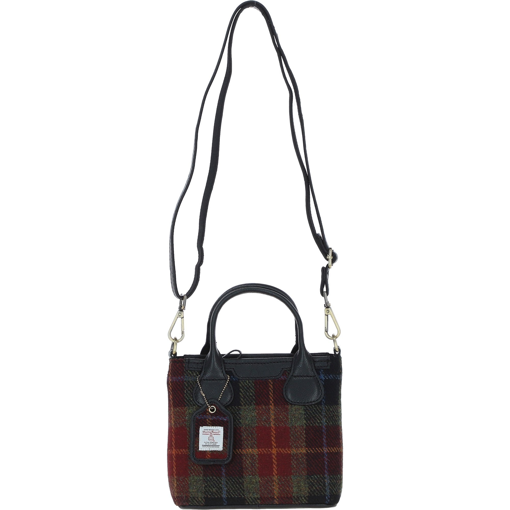 Ashwood Leather & Harris Tweed® Cloth Handbag with Removable Crossbody Strap Black/Green/Red: TW-21-07-BR