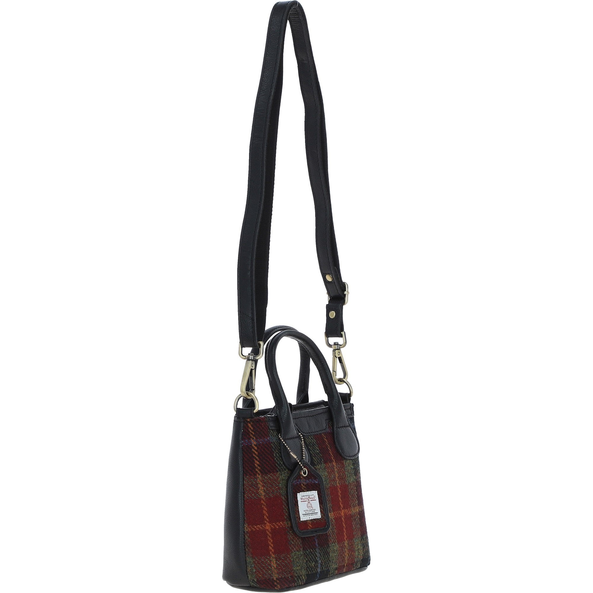 Ashwood Leather & Harris Tweed® Cloth Handbag with Removable Crossbody Strap Black/Green/Red: TW-21-07-BR