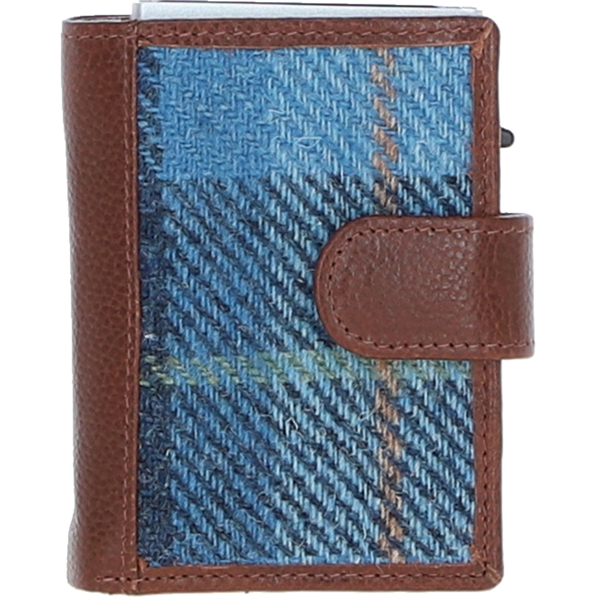 Ashwood Leather & Harris Tweed® Cloth RFID Secure Wallet Tan/LT Blue: TW-16-05-TB