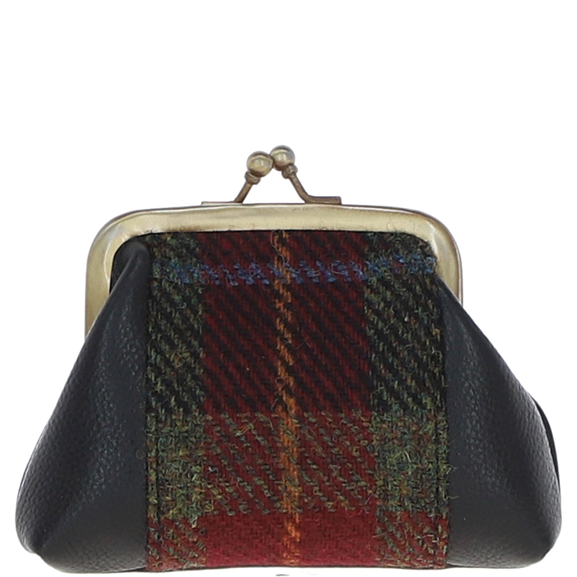 Ashwood Leather & Harris Tweed® Cloth Classic kiss-lock Purse Black/Green/Red: TW-13-07-BR
