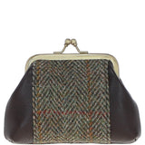 Ashwood Leather & Harris Tweed® Cloth Classic kiss-lock Purse Brown/Green: TW-13-09-BG