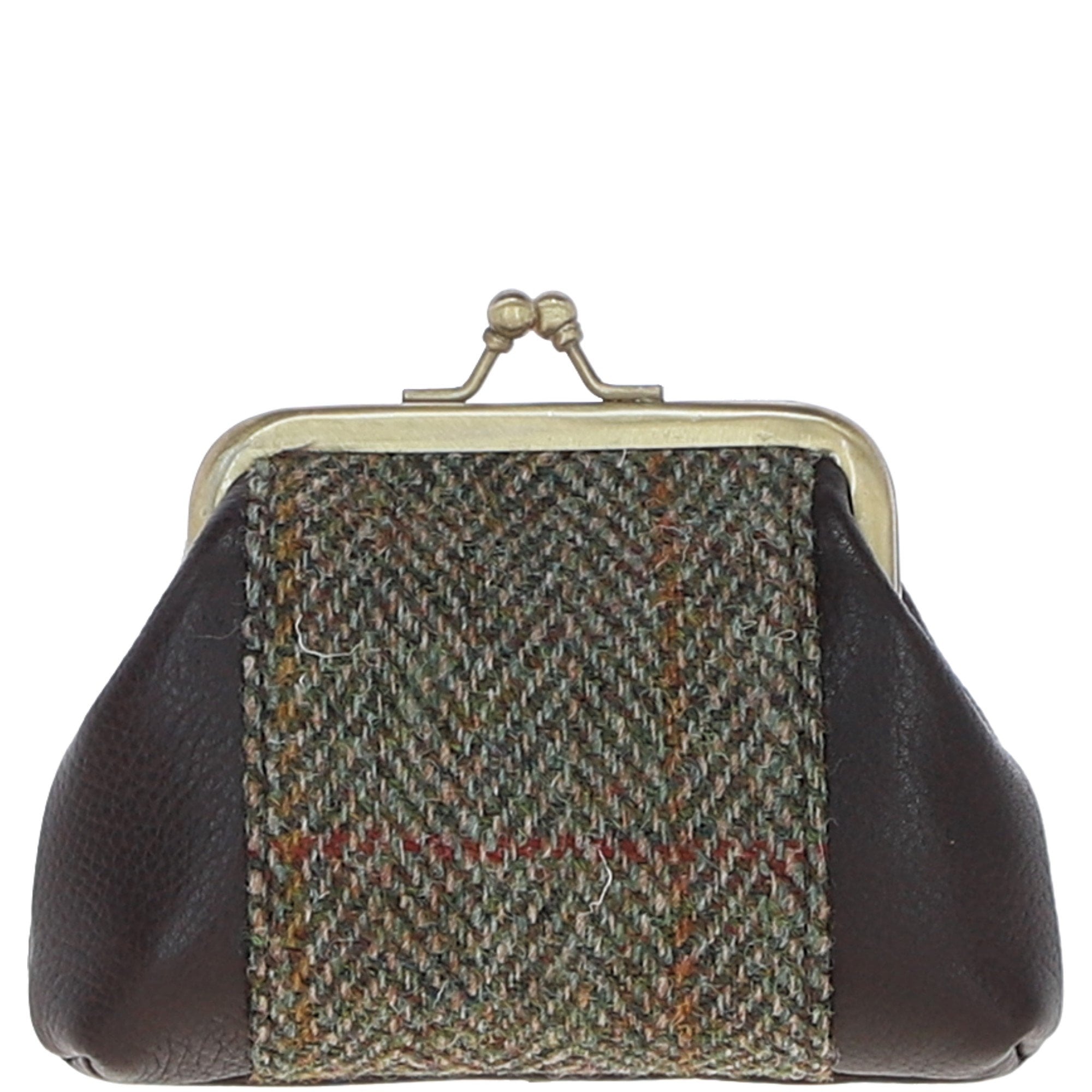 Ashwood Leather & Harris Tweed® Cloth Classic kiss-lock Purse Brown/Green: TW-13-09-BG