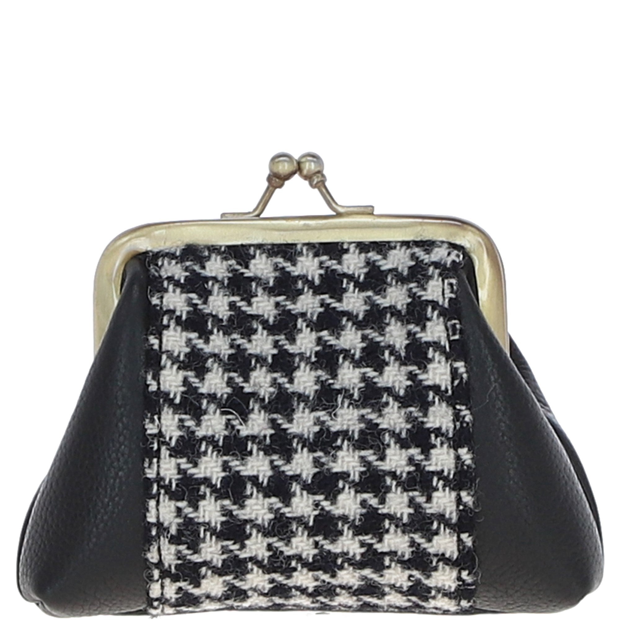 Ashwood Leather & Harris Tweed® Cloth Classic kiss-lock Purse Black/White: TW-13-012-BW